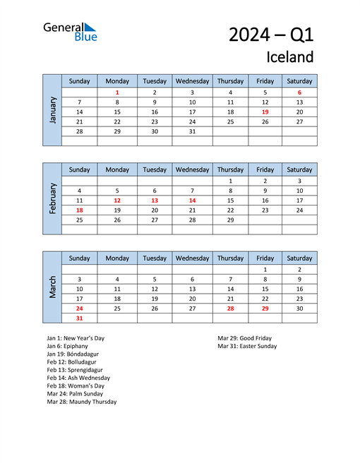  Free Q1 2024 Calendar for Iceland