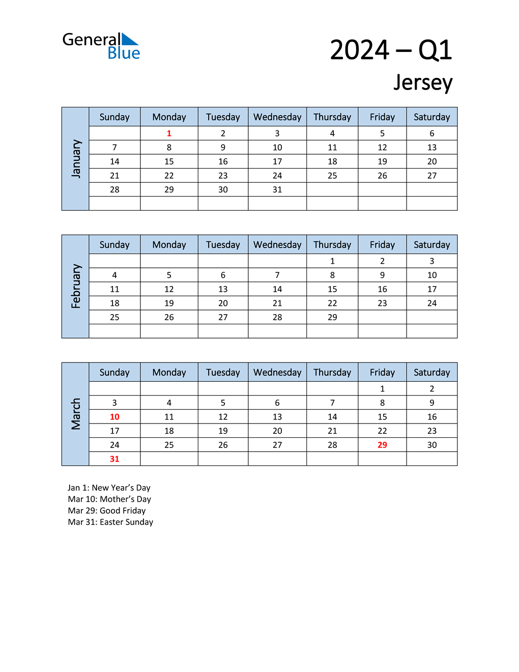 Q1 2024 Quarterly Calendar with Jersey Holidays