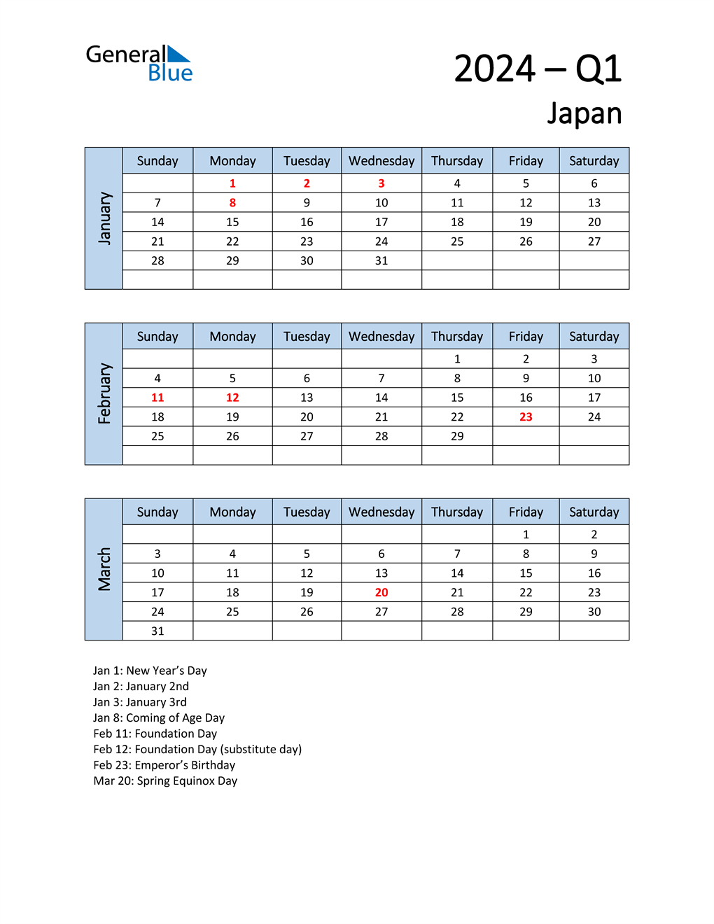  Free Q1 2024 Calendar for Japan