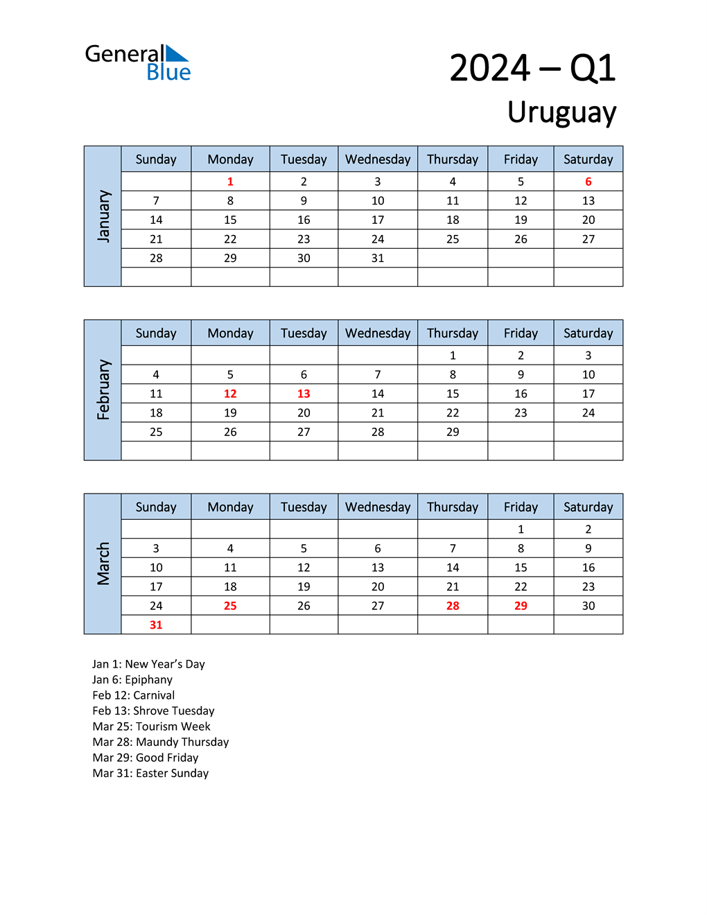  Free Q1 2024 Calendar for Uruguay