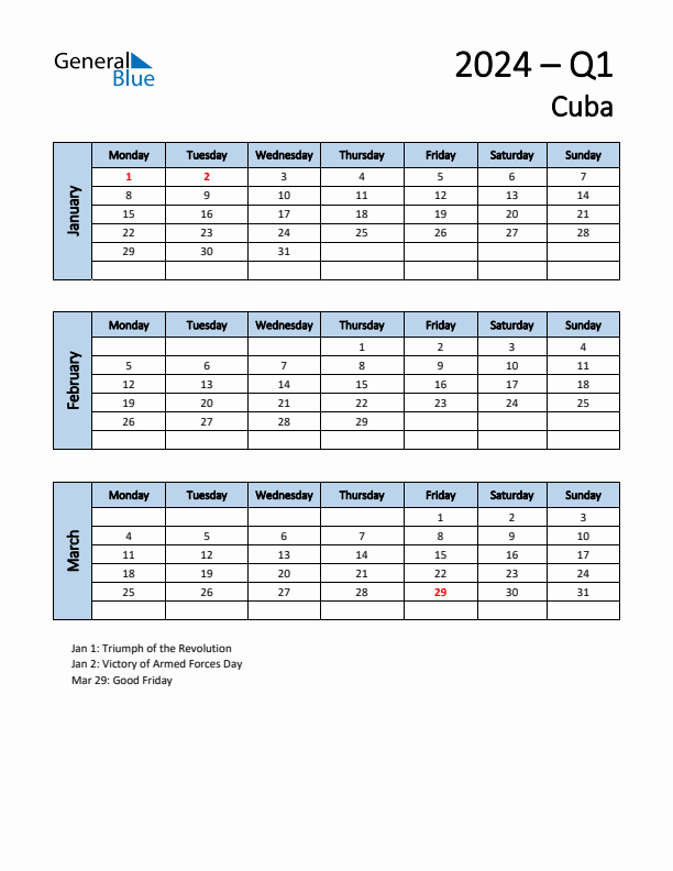 Free Q1 2024 Calendar for Cuba - Monday Start
