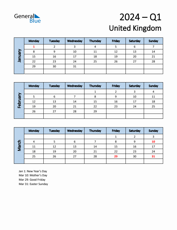 Free Q1 2024 Calendar for United Kingdom - Monday Start
