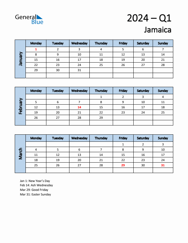 Q1 2024 Monday Start Quarterly Calendar with Jamaica Holidays