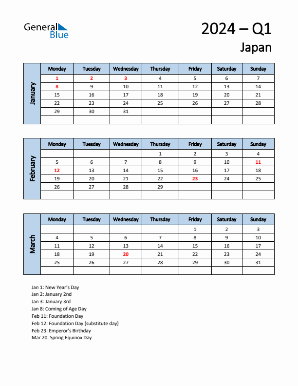 Free Q1 2024 Calendar for Japan - Monday Start