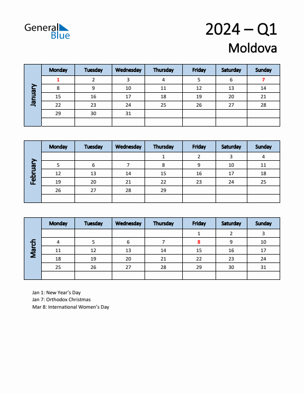 Free Q1 2024 Calendar for Moldova - Monday Start