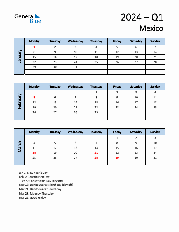 Free Q1 2024 Calendar for Mexico - Monday Start