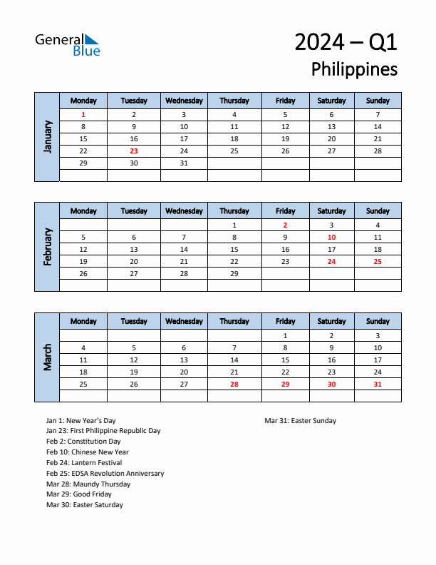 Free Q1 2024 Calendar for Philippines - Monday Start