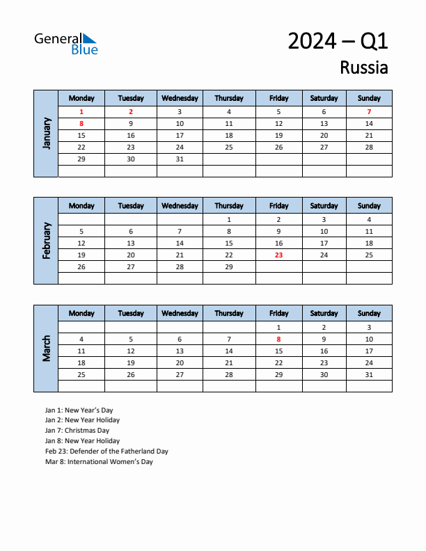 Free Q1 2024 Calendar for Russia - Monday Start