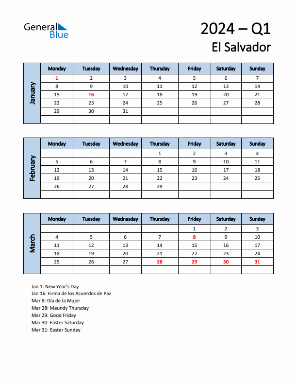 Free Q1 2024 Calendar for El Salvador - Monday Start