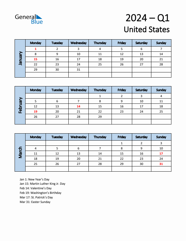 Free Q1 2024 Calendar for United States - Monday Start