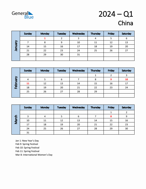 Free Q1 2024 Calendar for China - Sunday Start