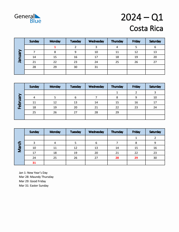 Q1 2024 Quarterly Calendar with Costa Rica Holidays