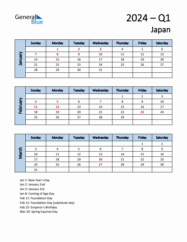 Free Q1 2024 Calendar for Japan - Sunday Start