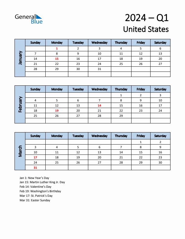 Free Q1 2024 Calendar for United States - Sunday Start