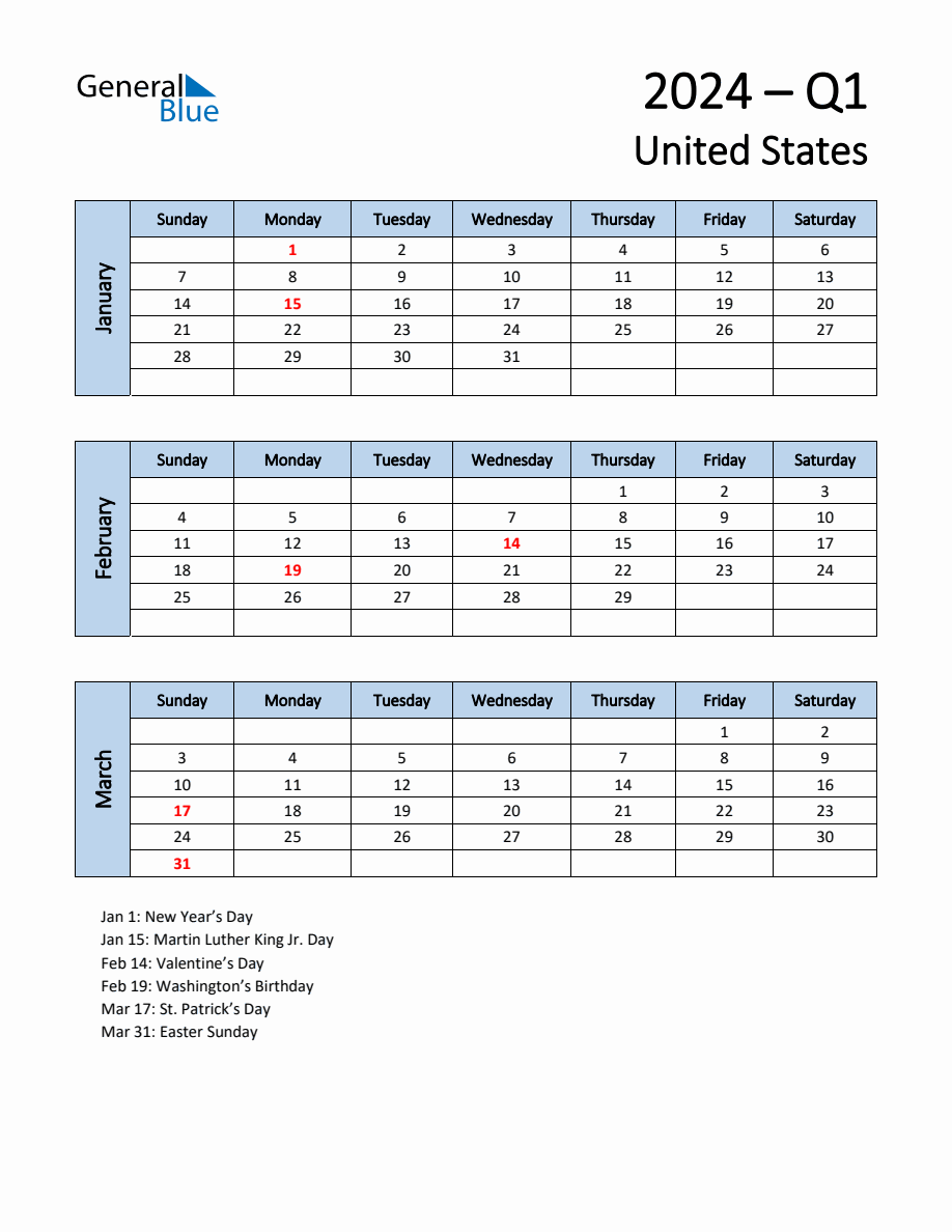 Free Q1 2024 Calendar for United States Sunday Start