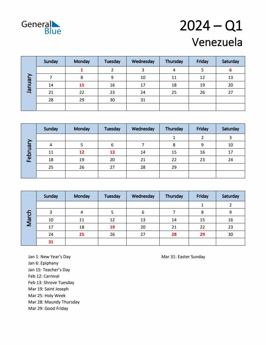 Free Q1 2024 Calendar for Venezuela Sunday Start