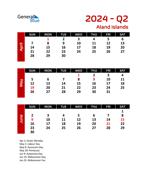 Q2 2024 Quarterly Calendar with Aland Islands Holidays