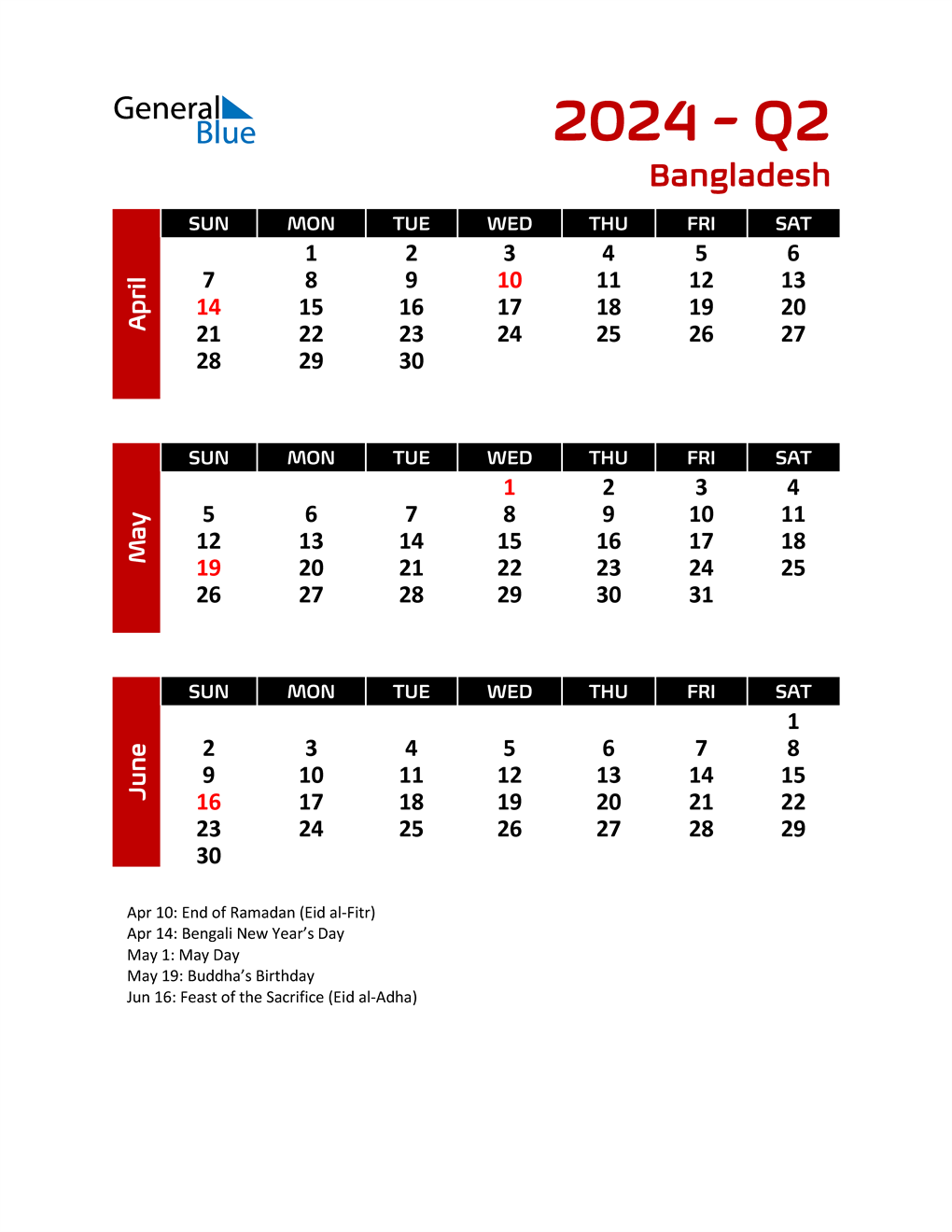 Q2 2024 Quarterly Calendar with Bangladesh Holidays