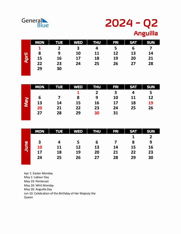 Q2 2024 Calendar with Holidays