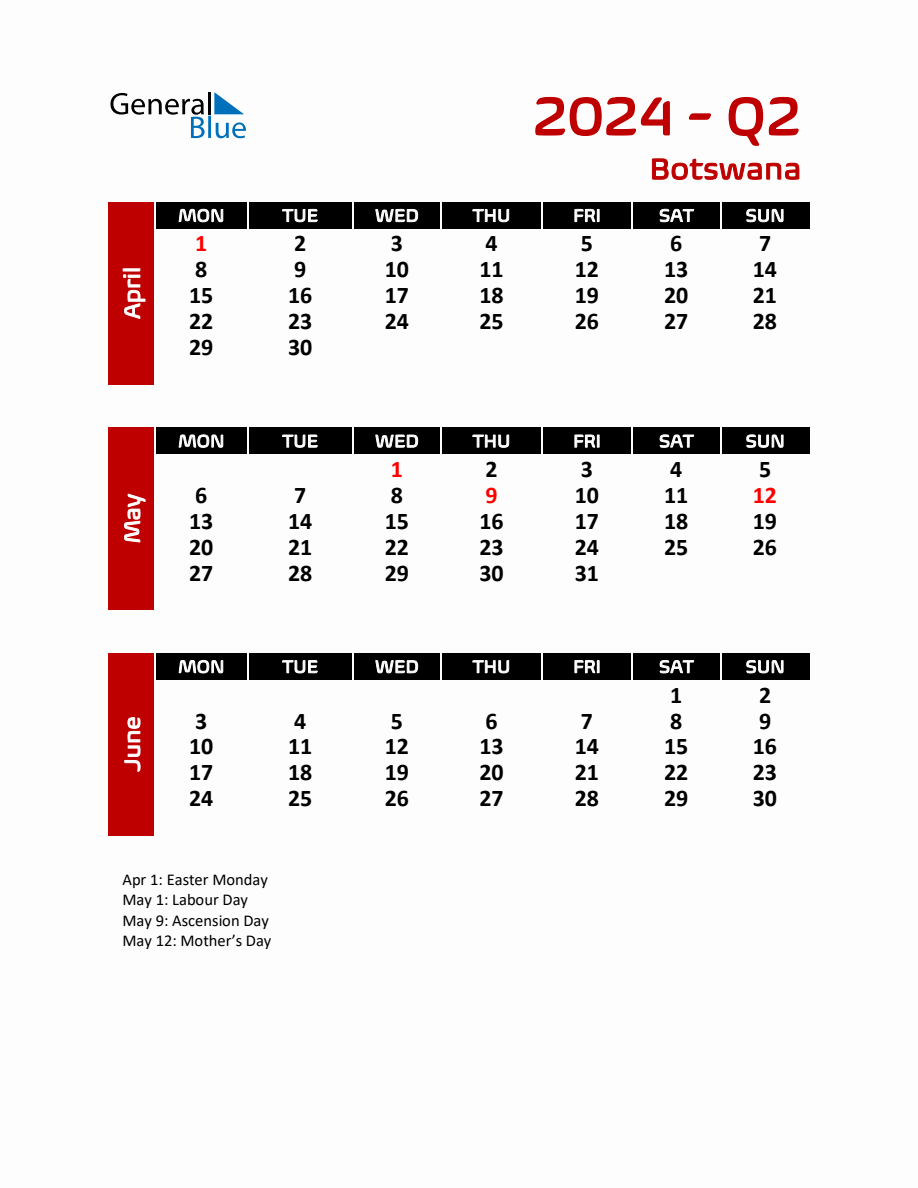 Q2 2024 Calendar with Holidays