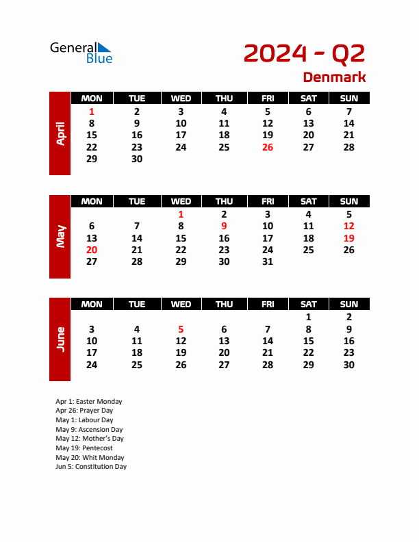 Q2 2024 Monday Start Quarterly Calendar with Denmark Holidays
