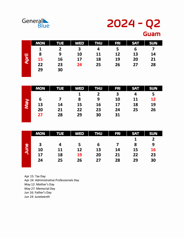 Threemonth calendar for Guam Q2 of 2024