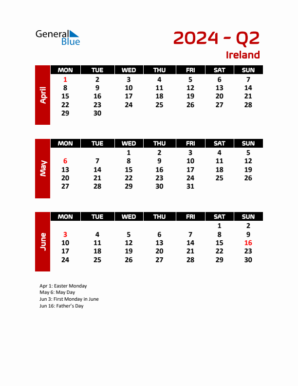 Threemonth calendar for Ireland Q2 of 2024