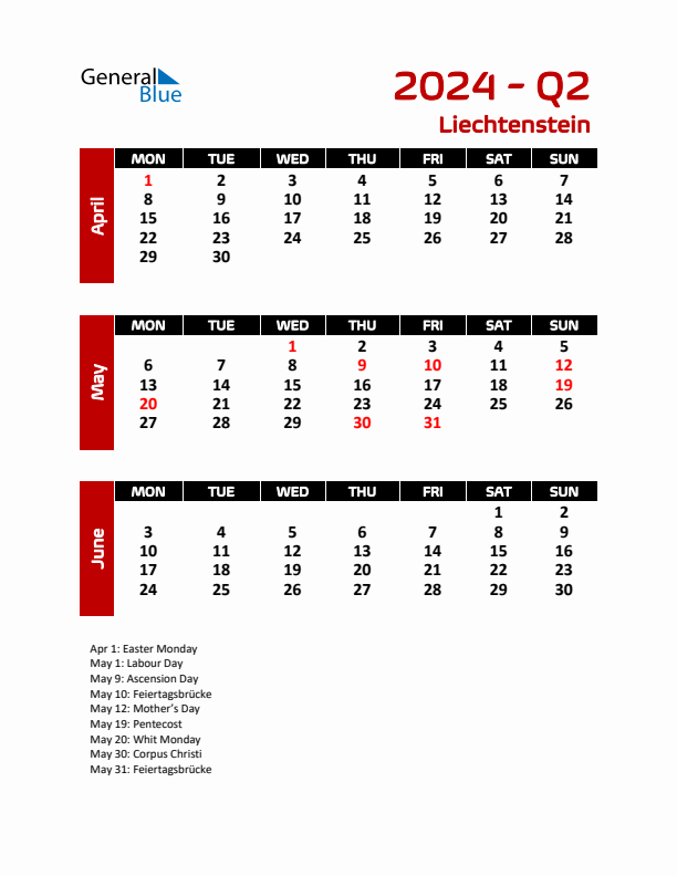 Threemonth calendar for Liechtenstein Q2 of 2024