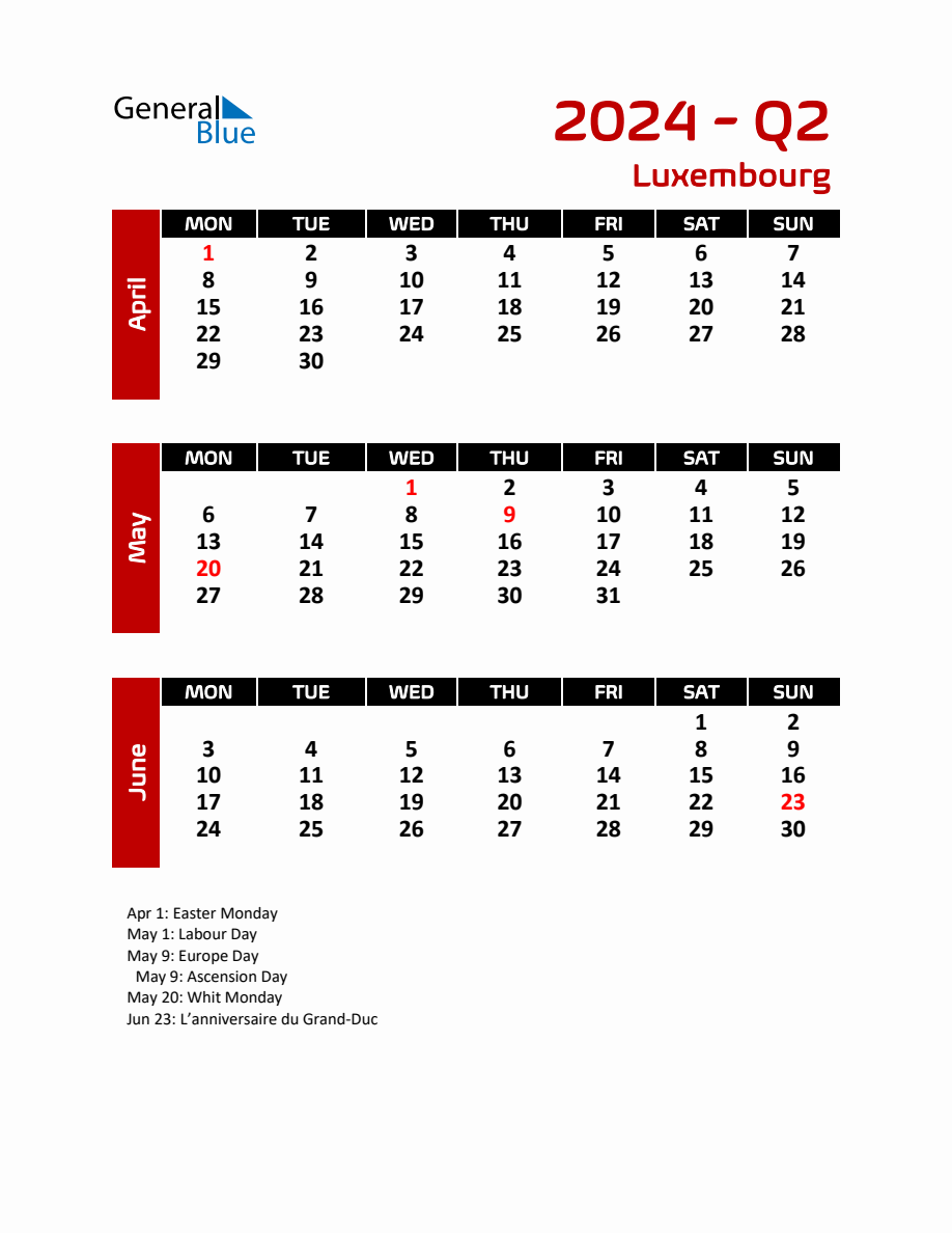 Q2 2024 Calendar with Holidays