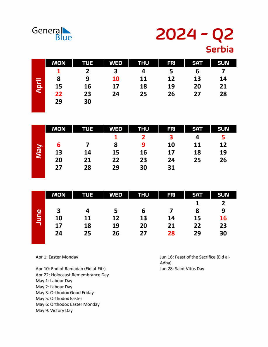 Q2 2024 Calendar with Holidays