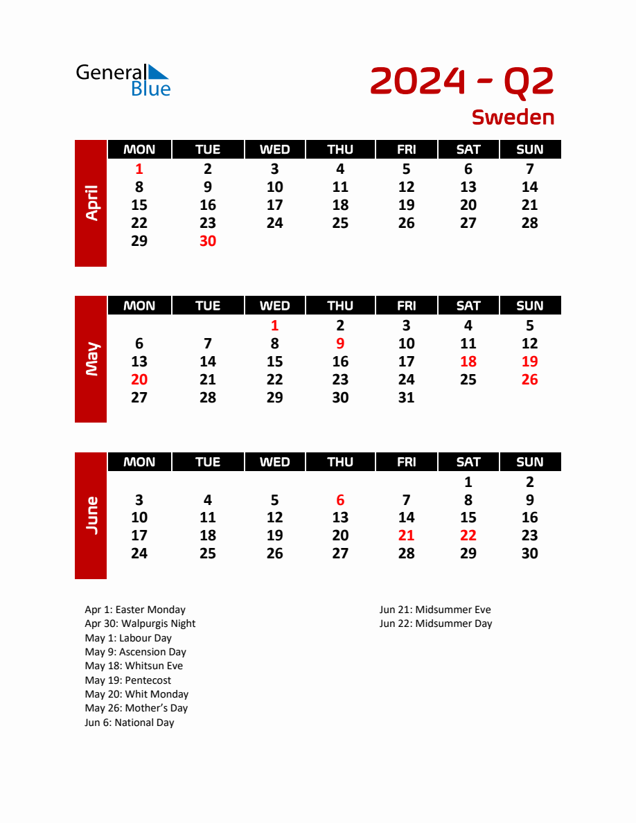 Q2 2024 Calendar with Holidays