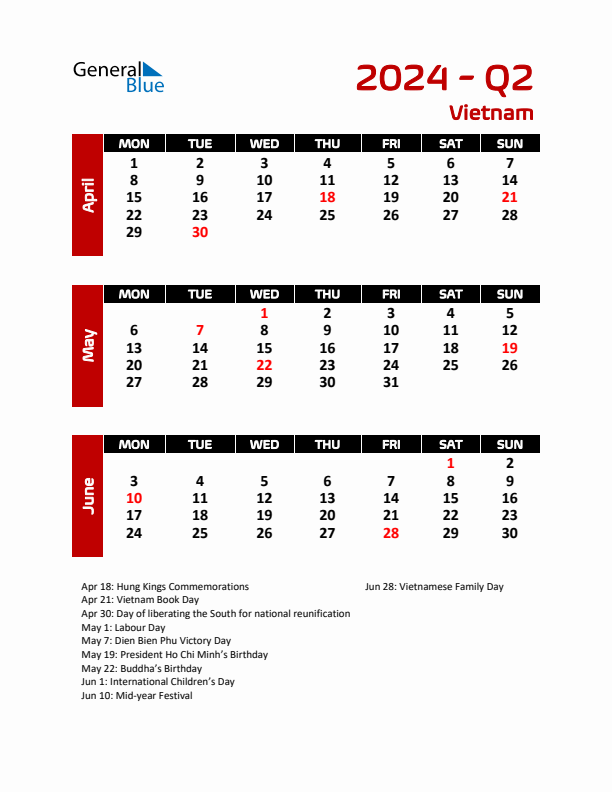 Q2 2024 Calendar with Holidays