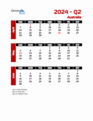 Australia Quarter 2  2024 calendar template
