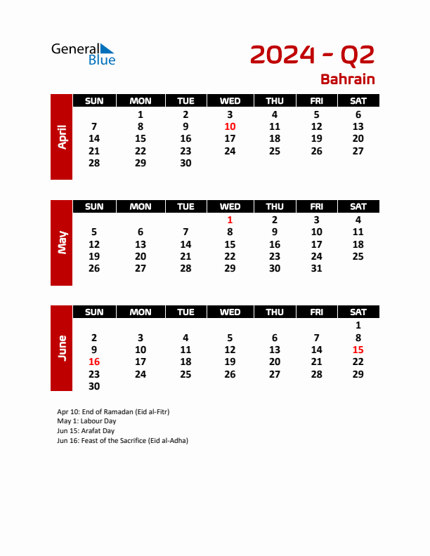 Q2 2024 Quarterly Calendar with Bahrain Holidays (PDF, Excel, Word)