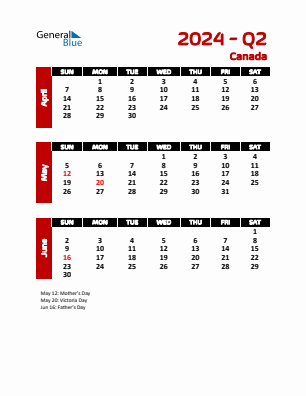 Canada Quarter 2  2024 calendar template