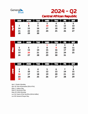 Central African Republic Quarter 2  2024 calendar template