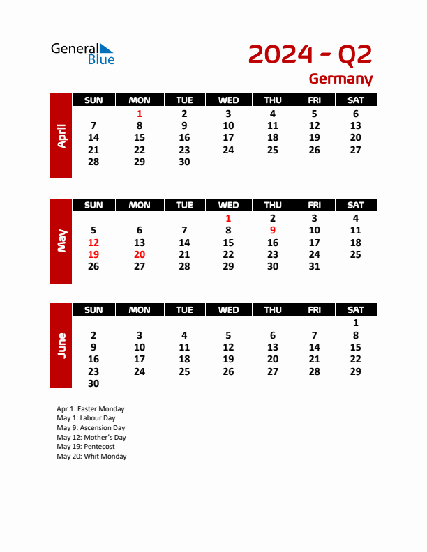 Q2 2024 Quarterly Calendar with Germany Holidays (PDF, Excel, Word)