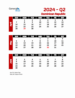 Dominican Republic Quarter 2  2024 calendar template