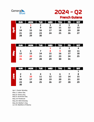 French Guiana Quarter 2  2024 calendar template