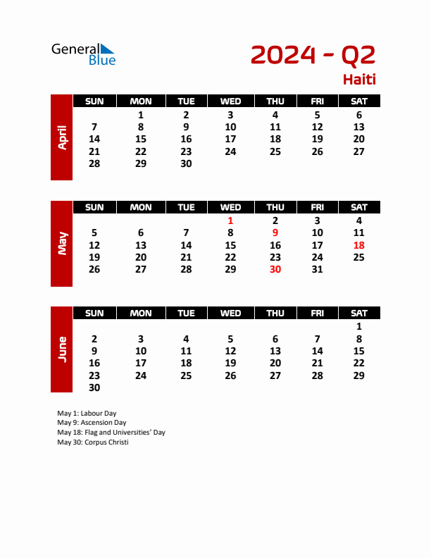 Q2 2024 Quarterly Calendar with Haiti Holidays (PDF, Excel, Word)