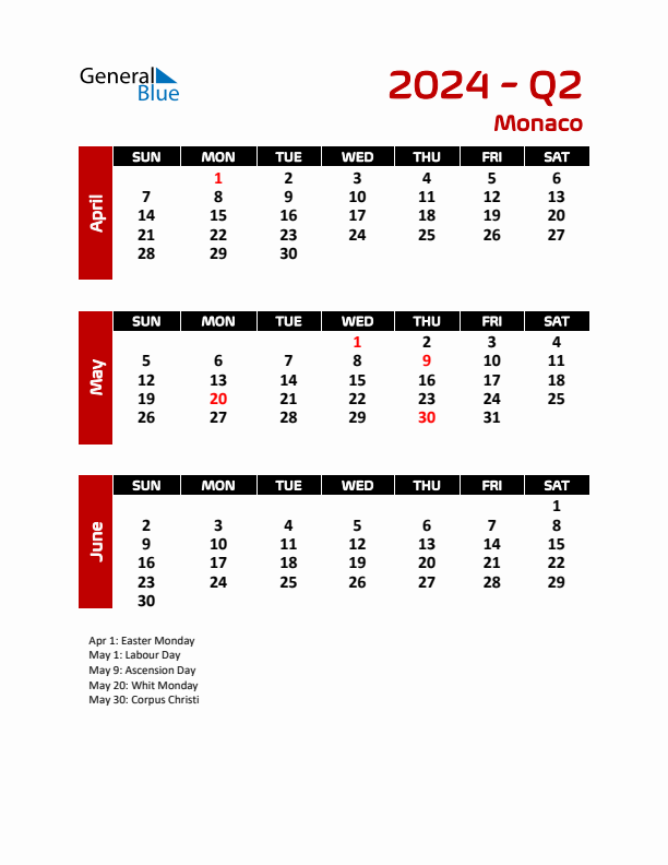 Q2 2024 Quarterly Calendar with Monaco Holidays