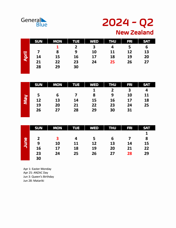 Q2 2024 Quarterly Calendar with New Zealand Holidays (PDF, Excel, Word)
