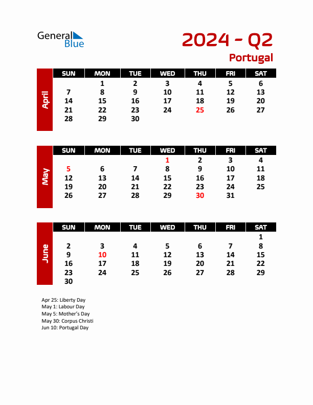 Q2 2024 Quarterly Calendar with Portugal Holidays (PDF, Excel, Word)