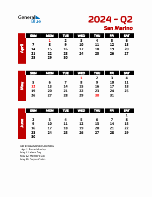 San Marino Quarter 2  2024 calendar template