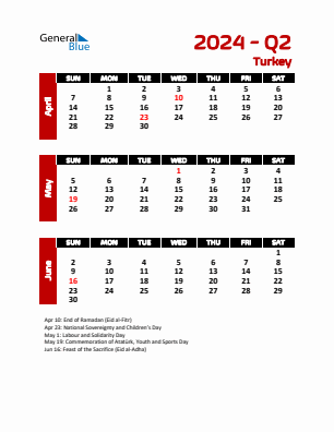 Turkey Quarter 2  2024 calendar template