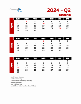 Tanzania Quarter 2  2024 calendar template