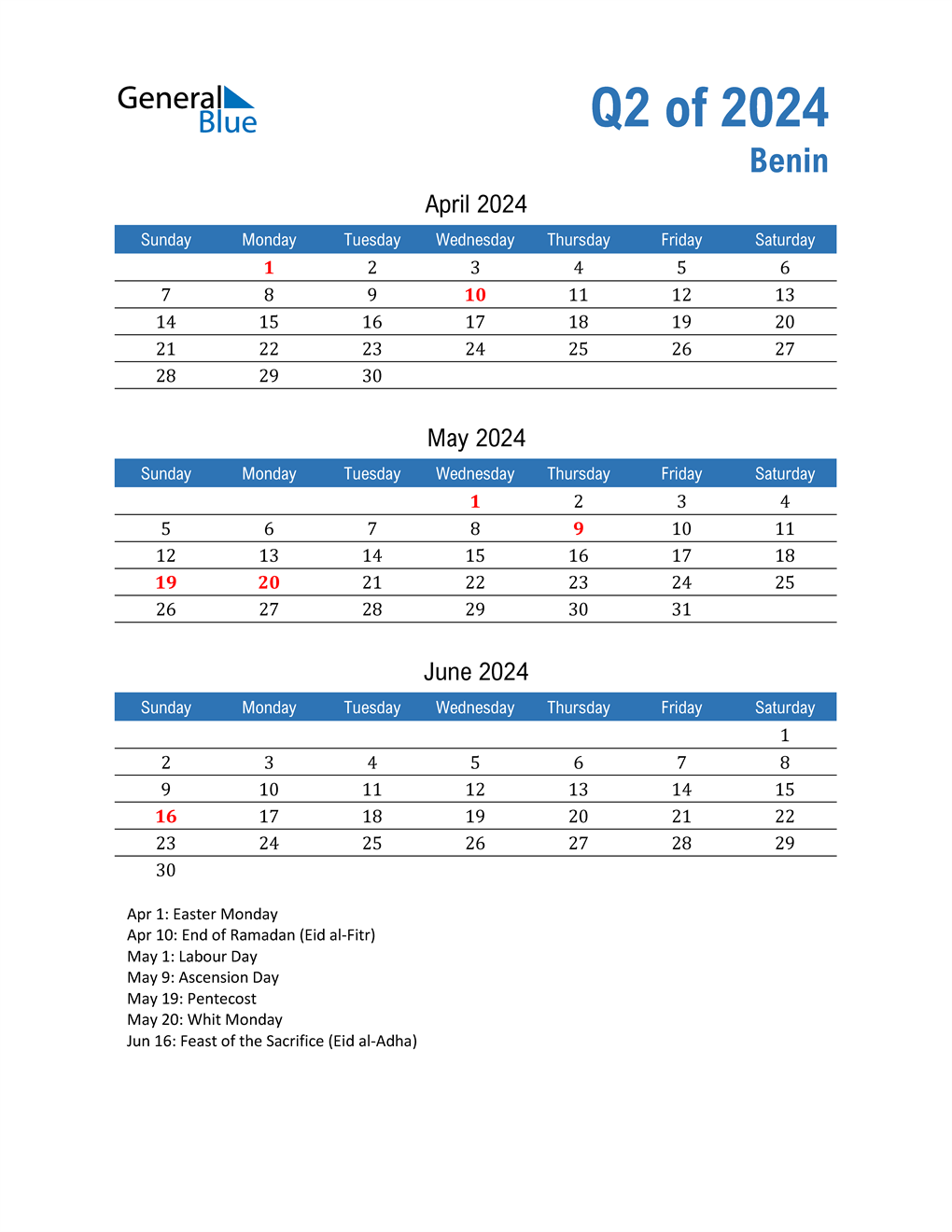  Benin 2024 Quarterly Calendar 