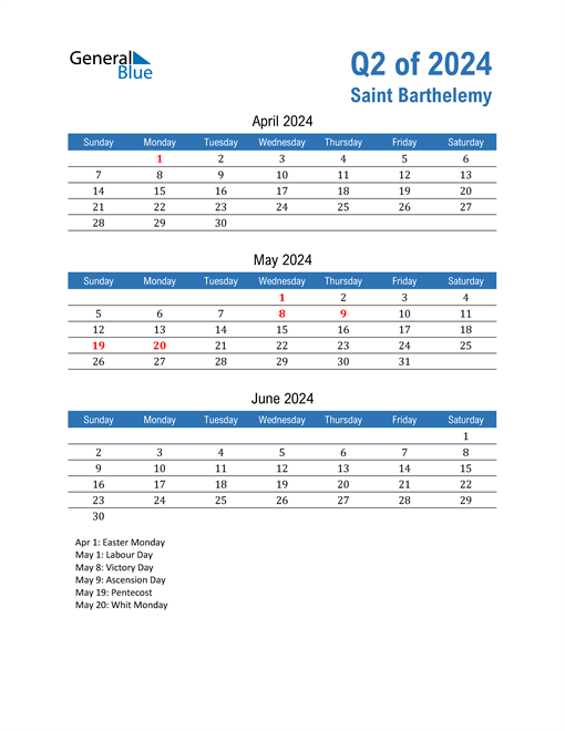  Saint Barthelemy 2024 Quarterly Calendar 