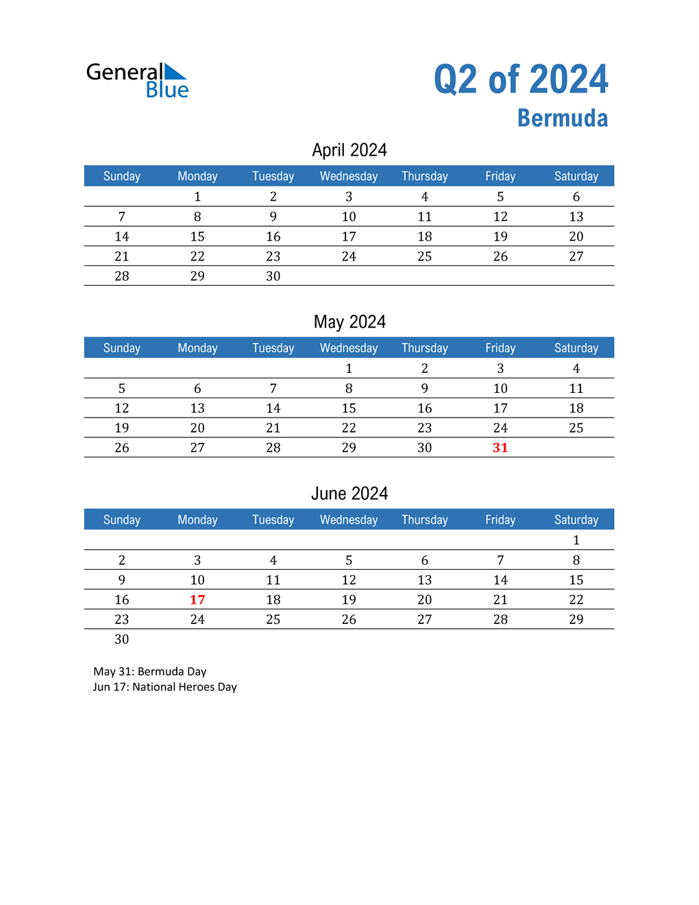 Q2 2024 Quarterly Calendar for Bermuda