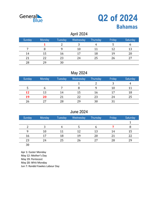 Q2 2024 Quarterly Calendar with Bahamas Holidays